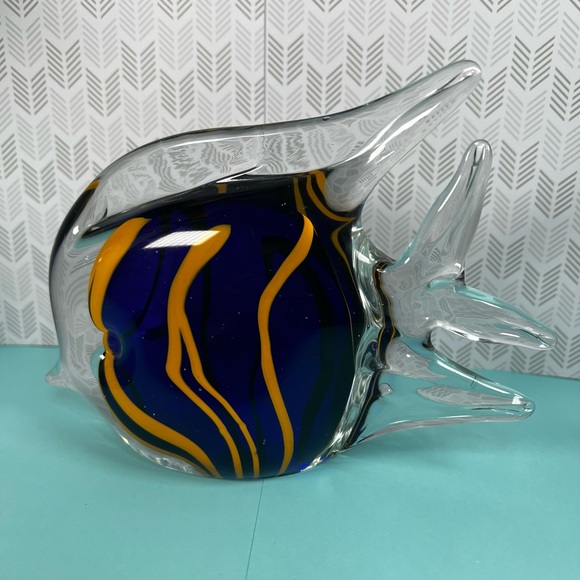 Angel Fish Art Glass Paperweight Blue, Yellow and Clear Blown Glass - Picture 7 of 8